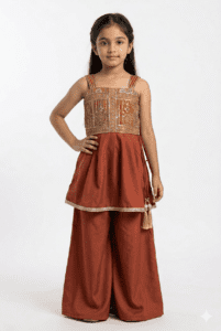 Girls Rust Orange Embroidered Kurta Palazzo Set