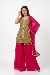 Rani Pink Festive Top, Teal Green Palazzo Suit, 1 Rani Pink Festive Top, Teal Green Palazzo Suit