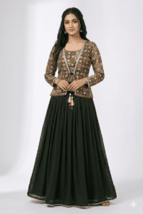 Bottle Green Lehenga Choli with Printed Jacket Blouse