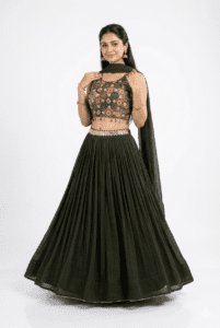 Deep Olive Green Lehenga Choli with Printed Crop Blouse