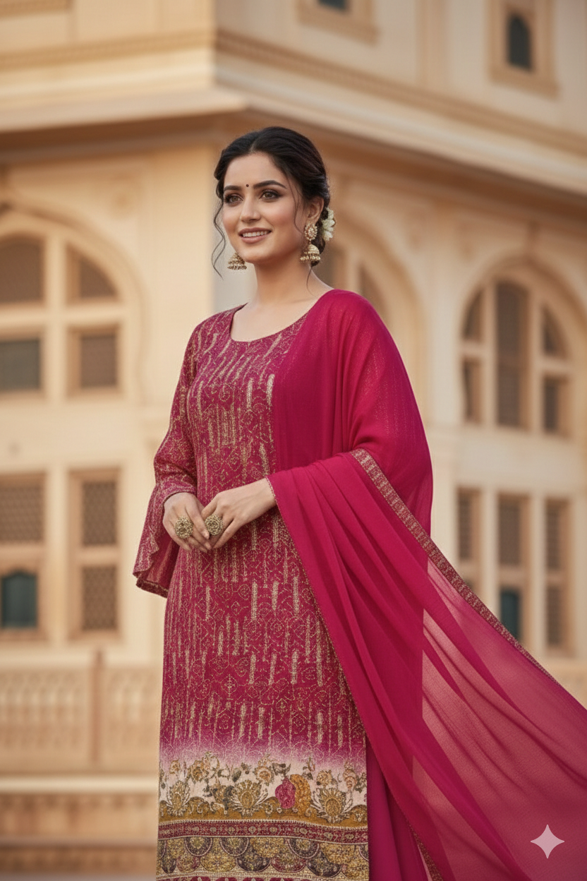 red kurti plazzo dupatta
