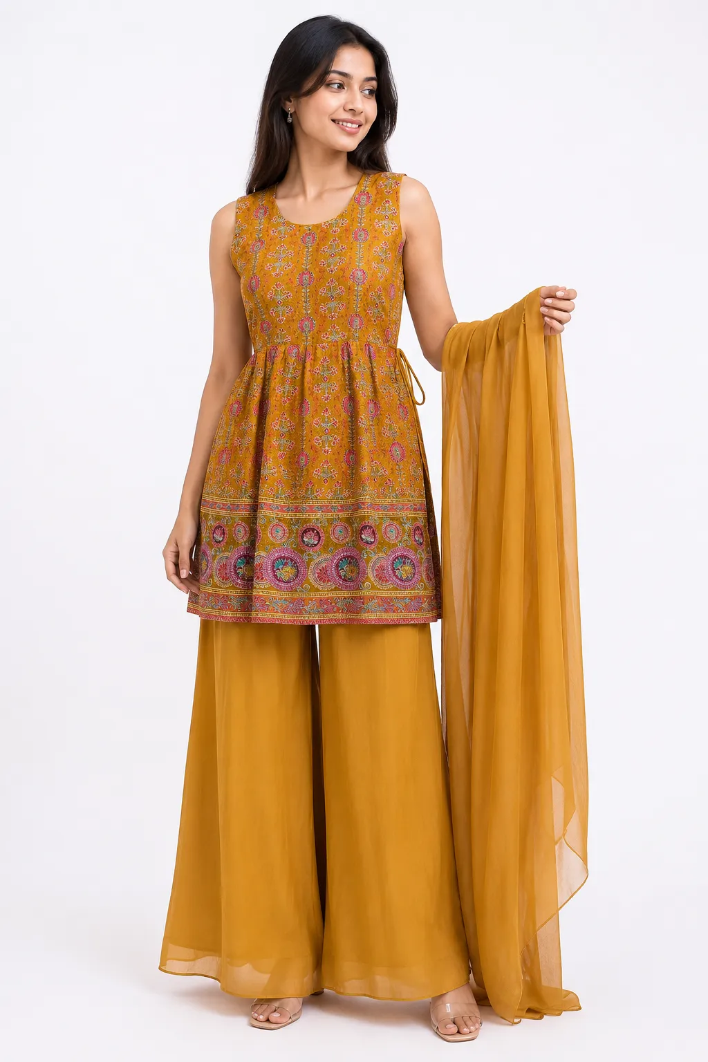yellow peplum palazzo with dupatta