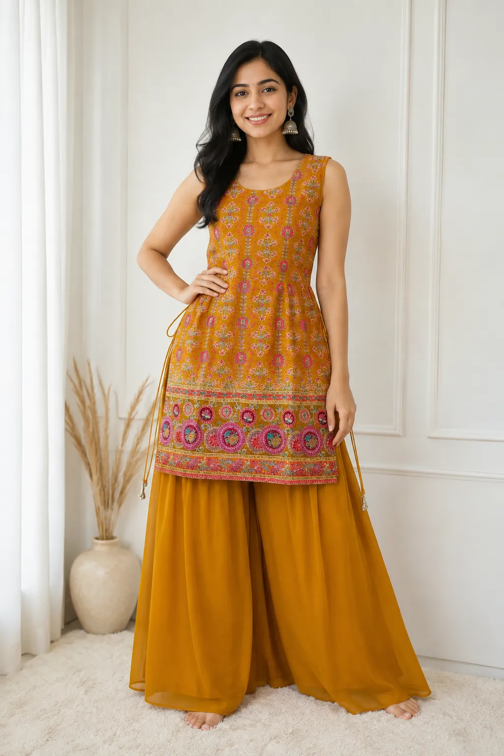yellow peplum palazzo with dupatta