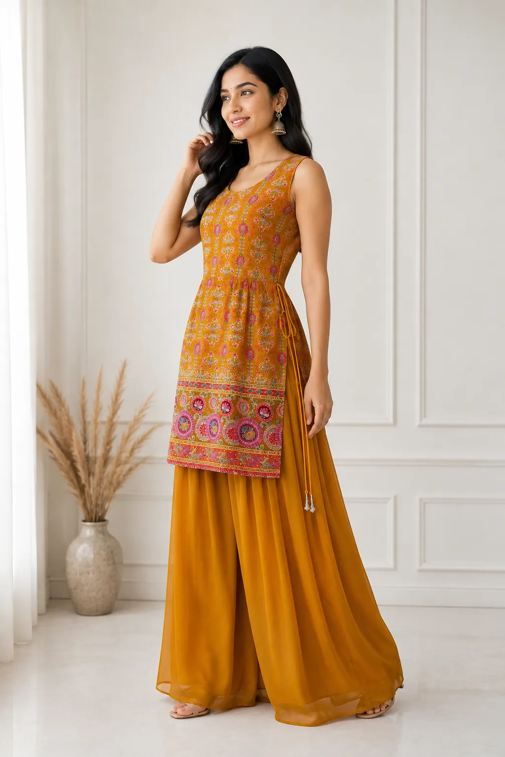 yellow peplum palazzo with dupatta