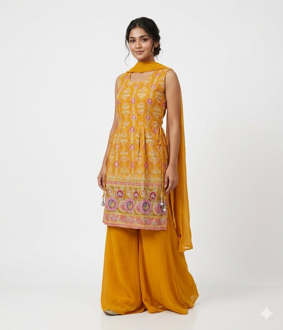 yellow peplum palazzo with dupatta