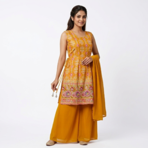yellow peplum palazzo with dupatta