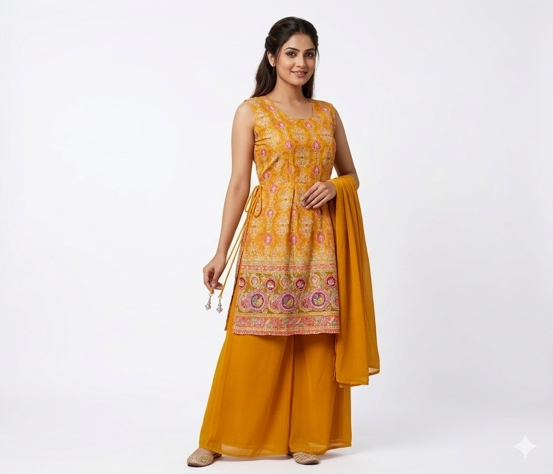 yellow peplum palazzo with dupatta