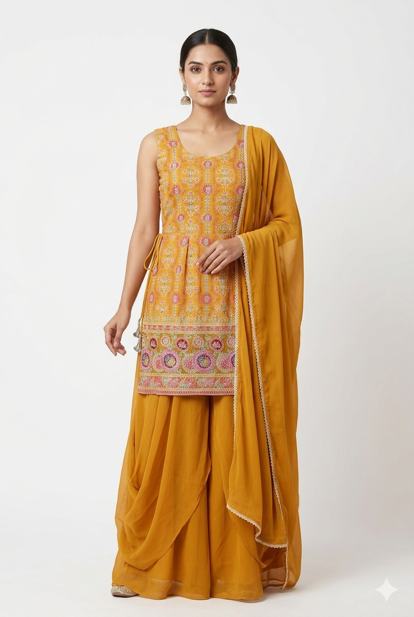 yellow peplum palazzo with dupatta