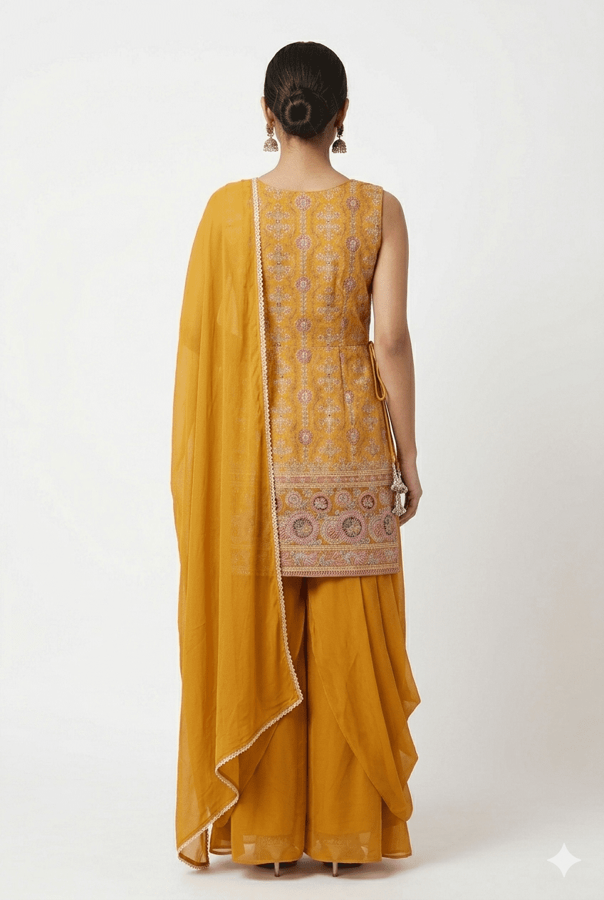 yellow peplum palazzo with dupatta