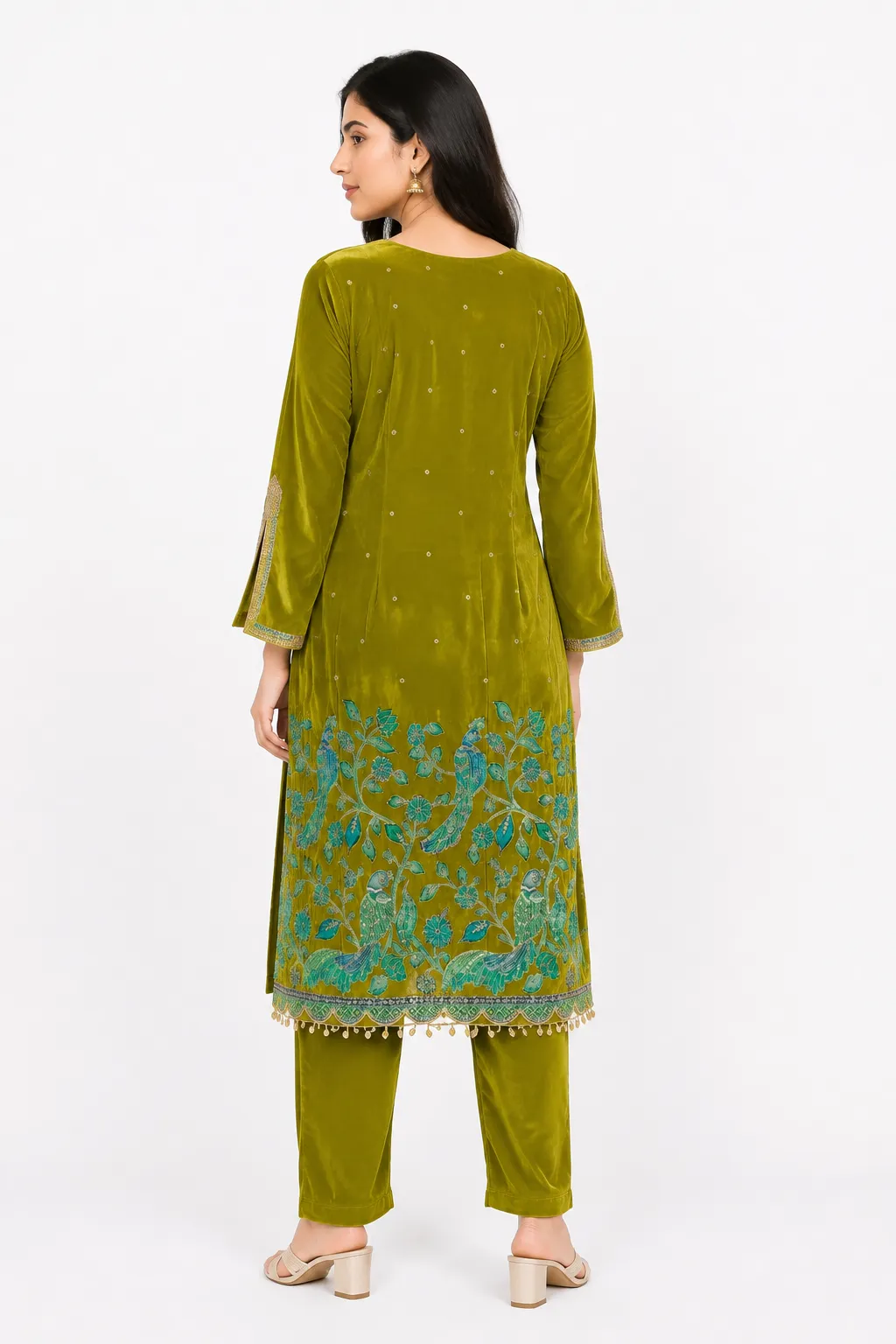 Beautiful olive green kurta with pents embroidery
