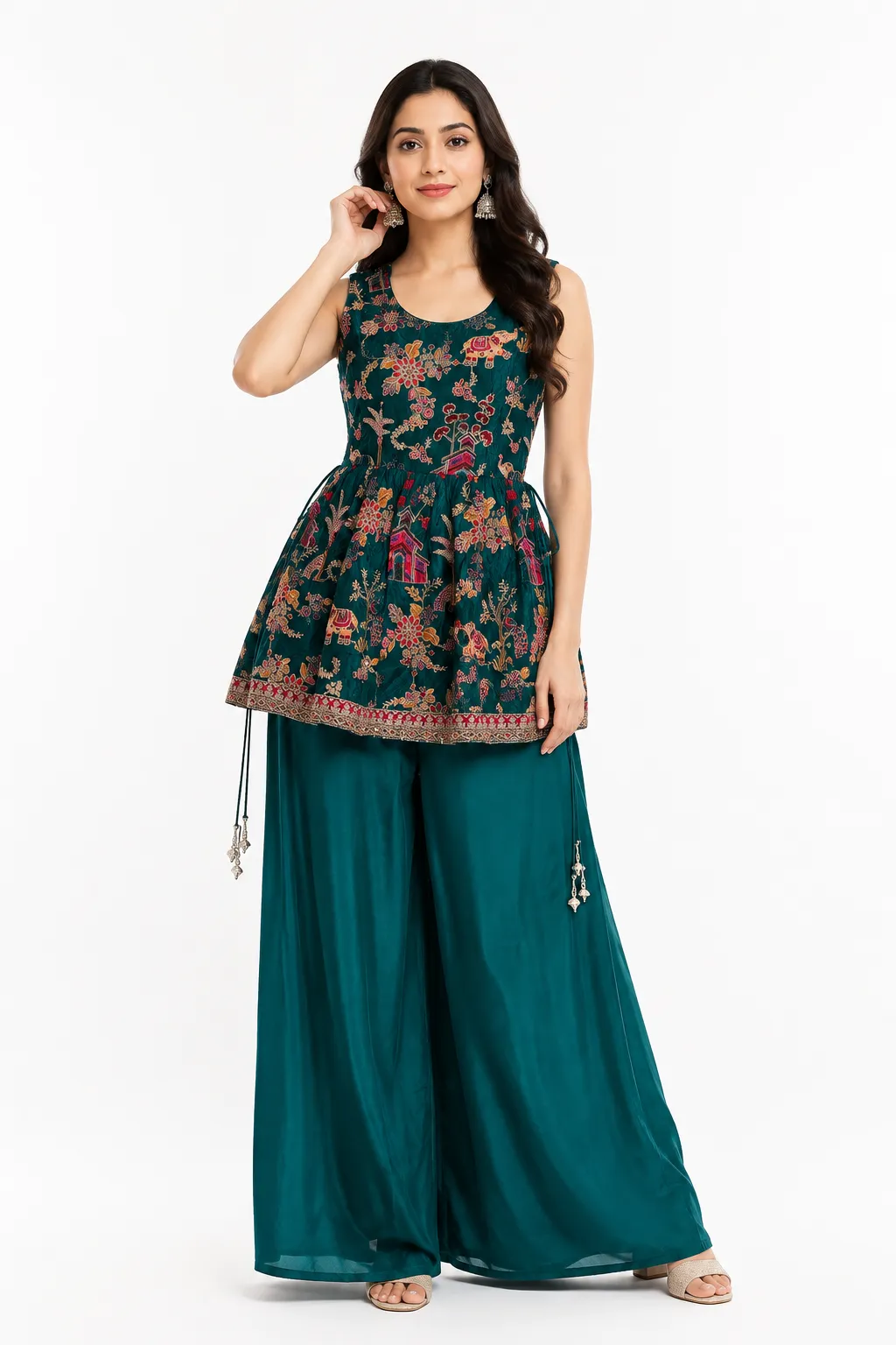 Teal Green Embroidered Kurta Palazzo Set With Dupatta