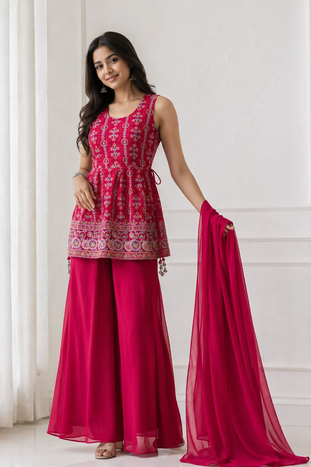 Pink Embroidered Peplum palazzo Set with Dupatta