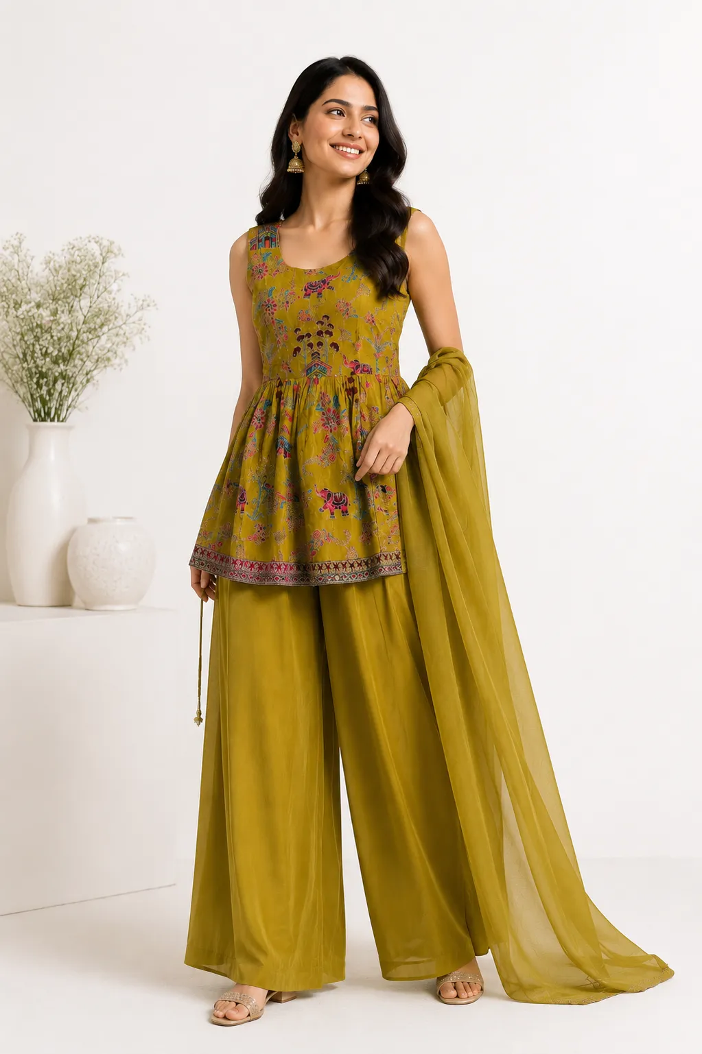 Mustard Yellow Embroidered Kurta Palazzo Set With Dupatta