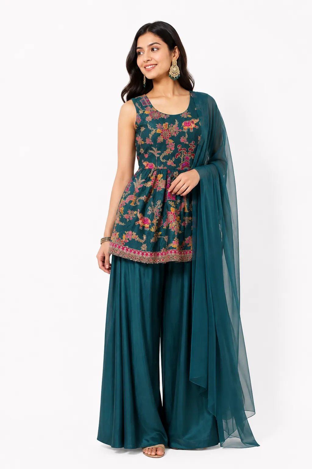 Teal Green Embroidered Kurta Palazzo Set With Dupatta