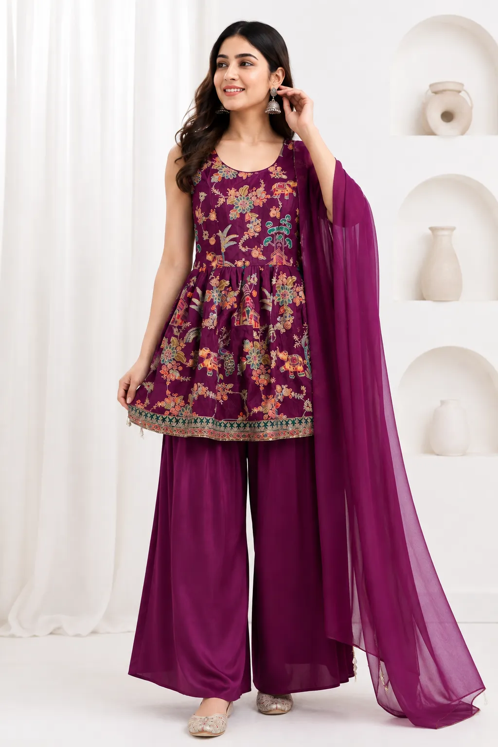 Purple Embroidered Kurta Palazzo Set With Dupatta