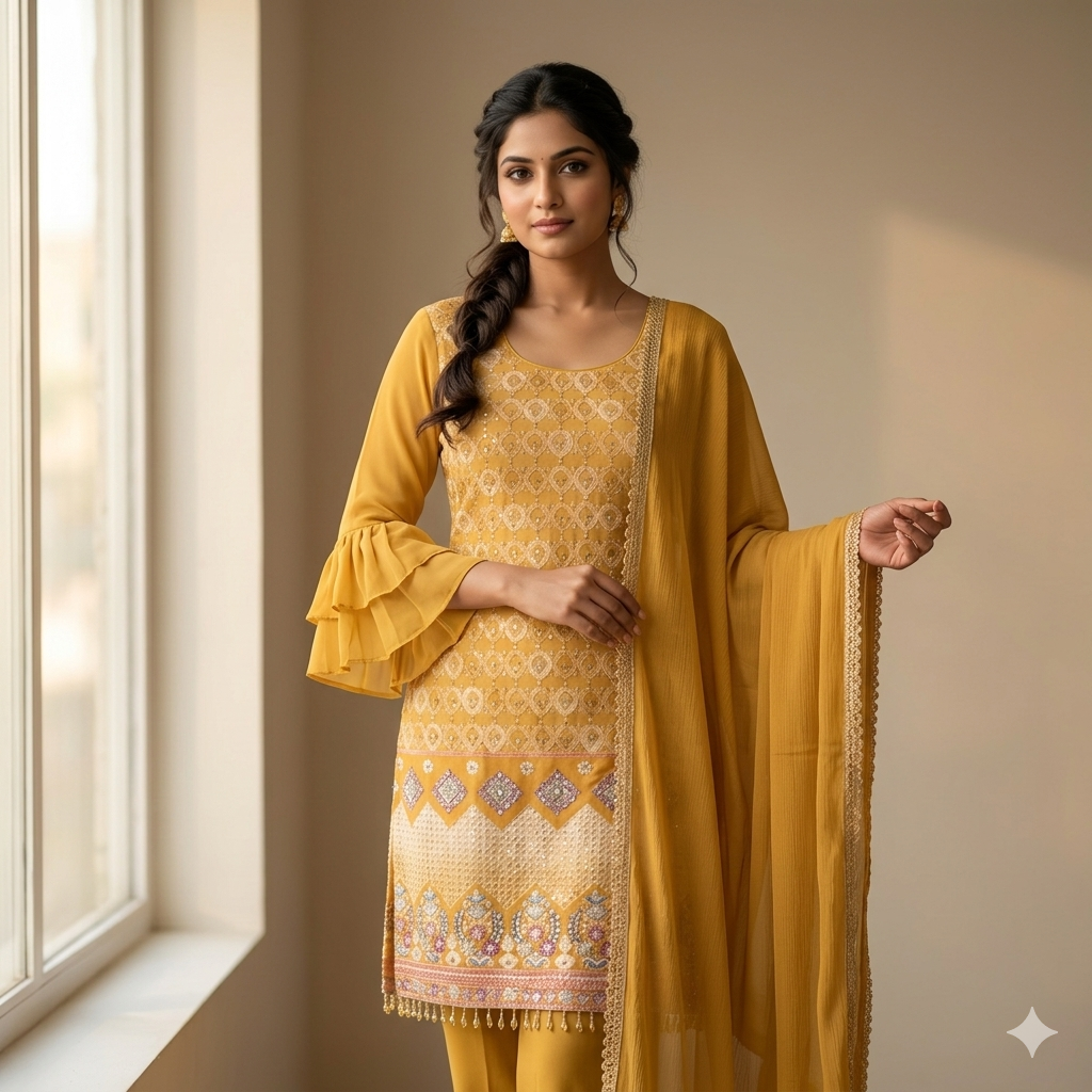 mustard yellow embroidered kurta set