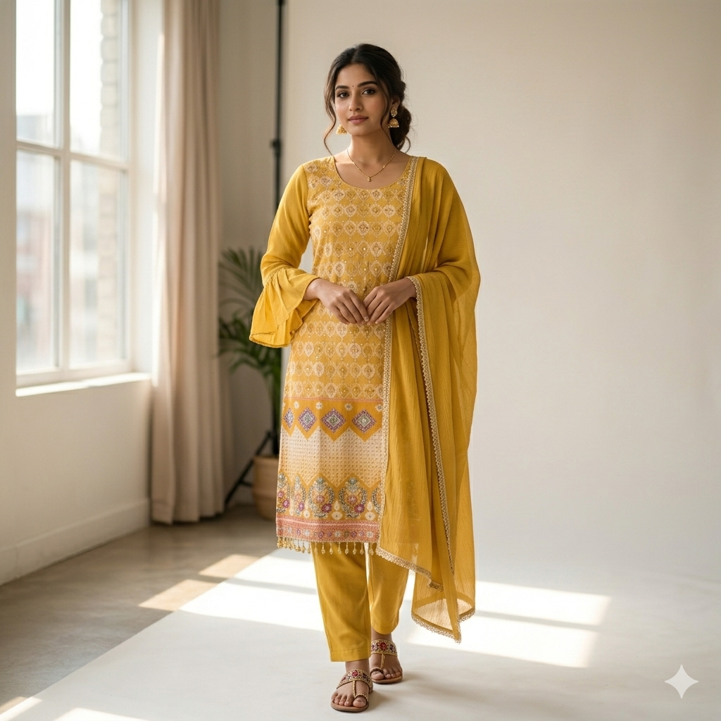 mustard yellow embroidered kurta set