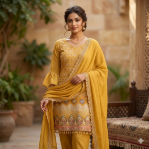 mustard yellow embroidered kurta set