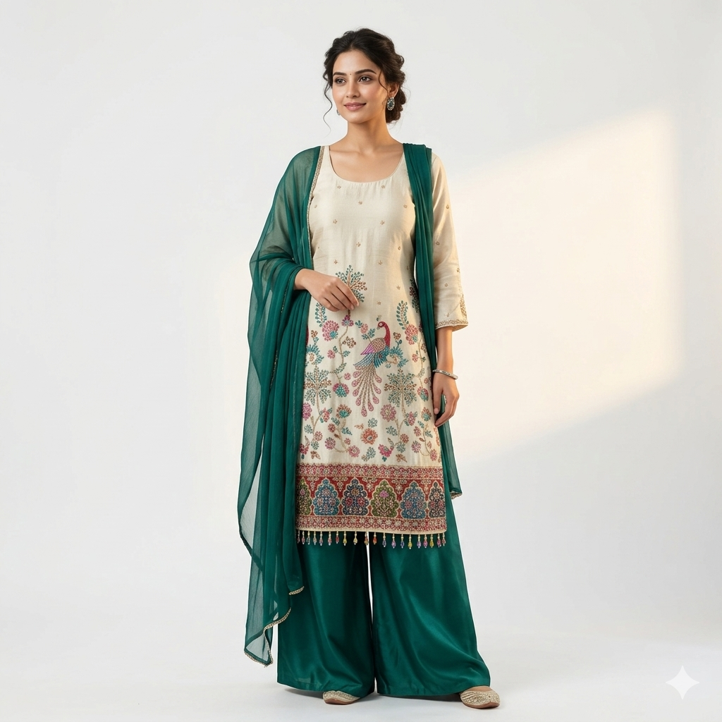 Rich green palazzo offering comfort and contemporary stylecream kurta set is beautifully
