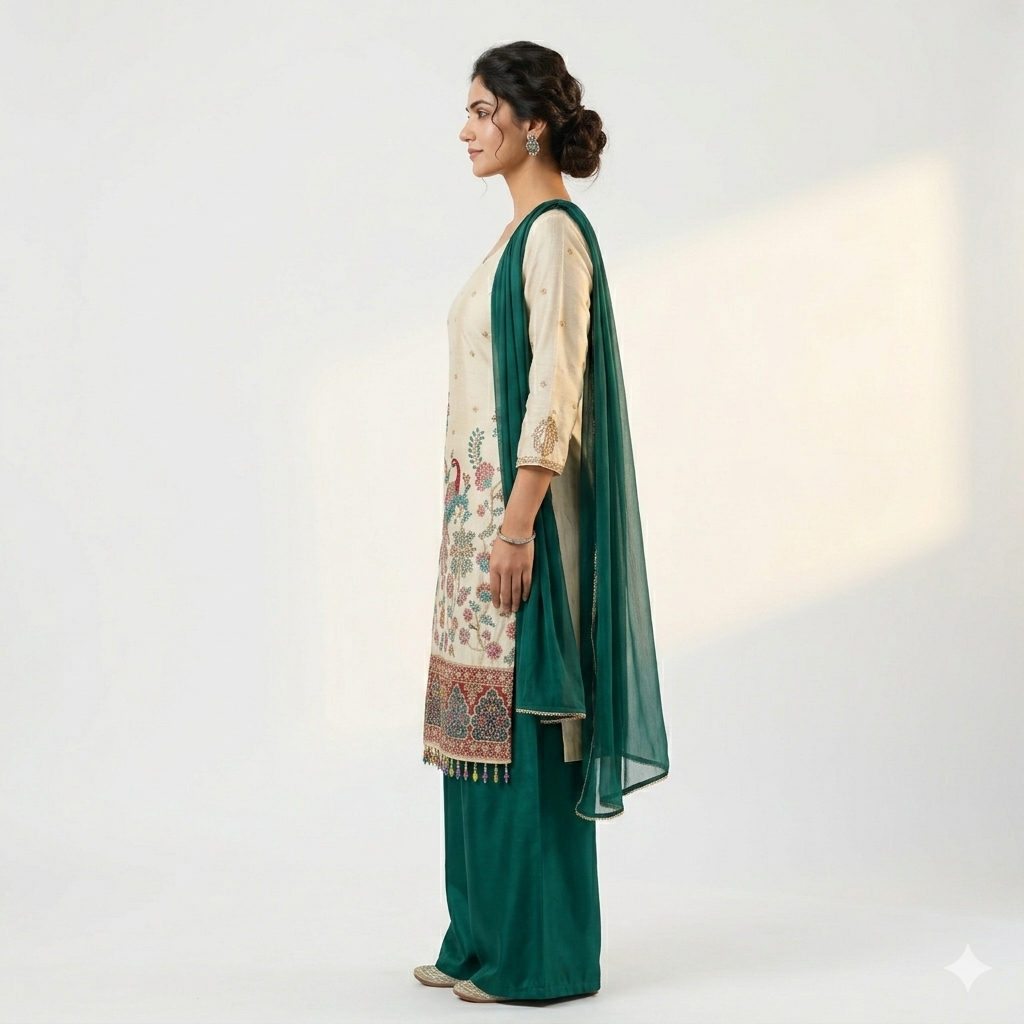 Rich green palazzo offering comfort and contemporary stylecream kurta set is beautifully