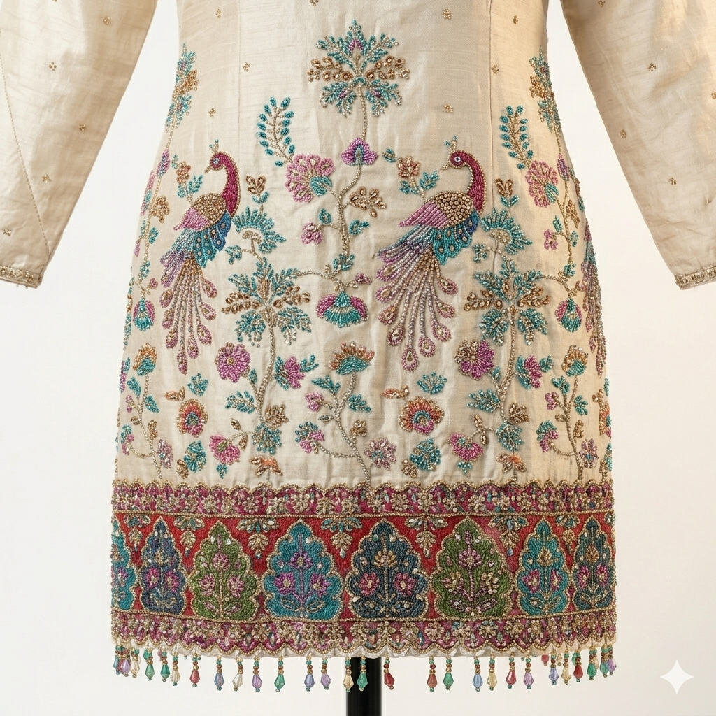 Rich green palazzo offering comfort and contemporary stylecream kurta set is beautifully