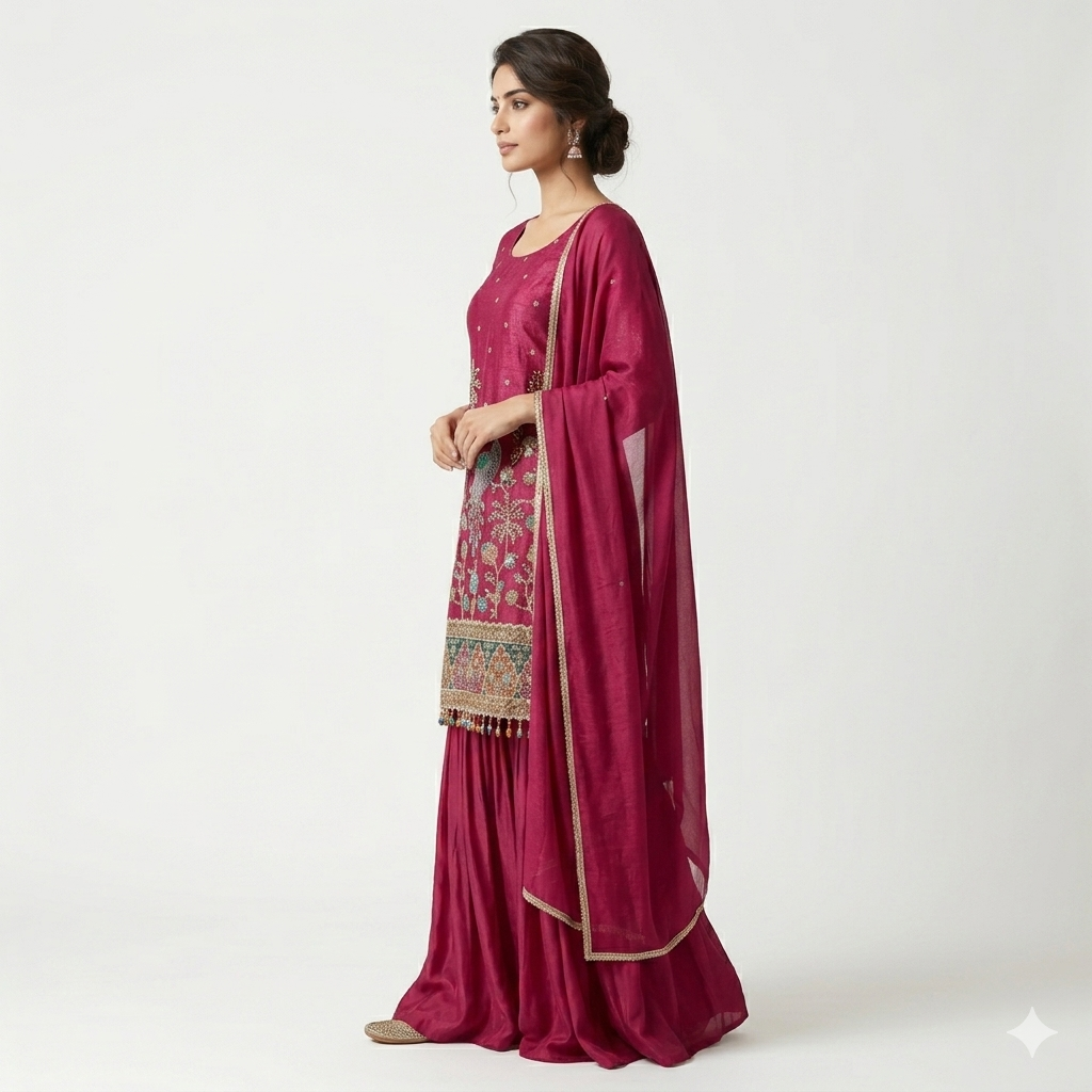 Elegant magenta kurta with pents intricate multicolor embroidery