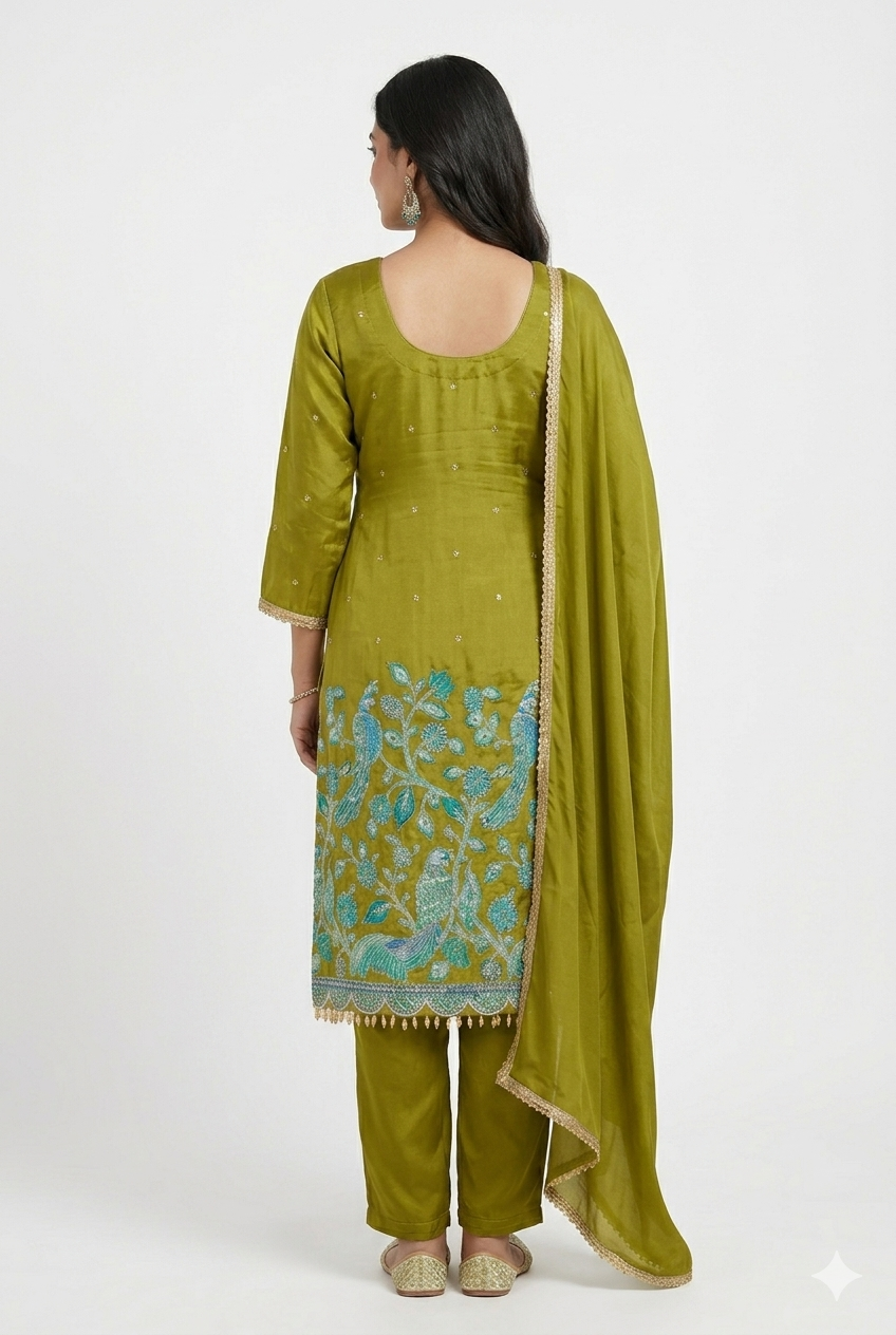 Beautiful olive green kurta with pents intricate turquoise embroidery