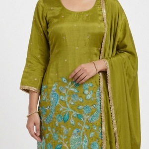 Beautiful olive green kurta with pents intricate turquoise embroidery