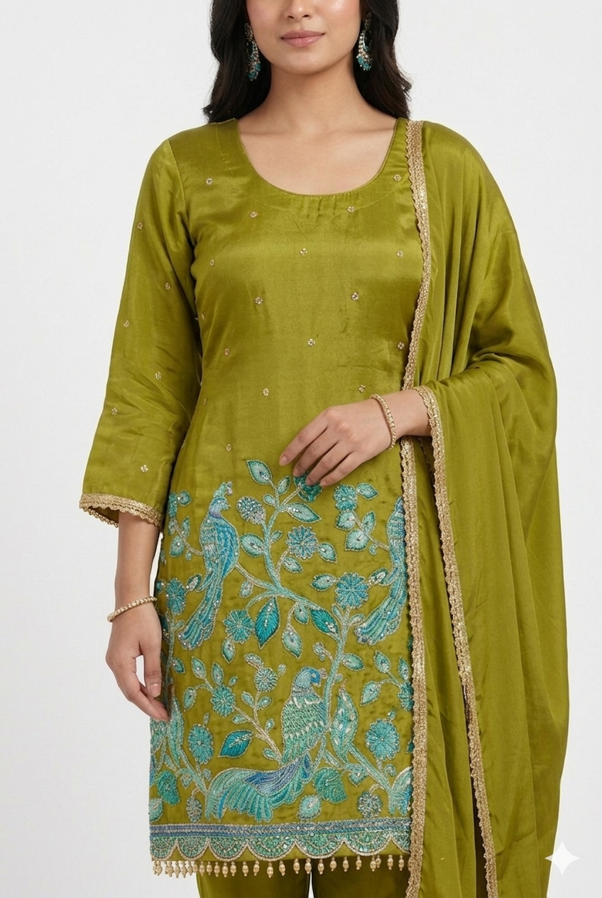 Beautiful olive green kurta with pents intricate turquoise embroidery