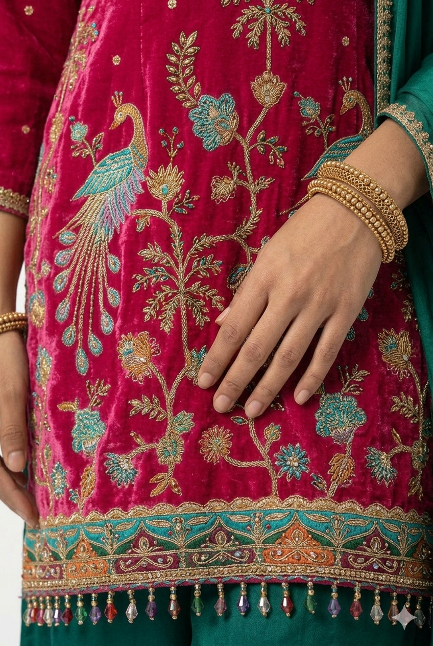 Elegant magenta kurta with pents intricate multicolor embroidery