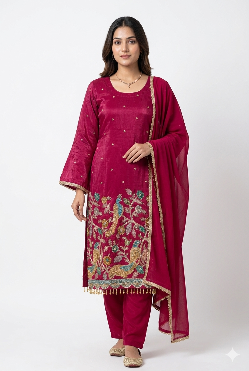 Elegant magenta kurta with pents intricate multicolor embroidery