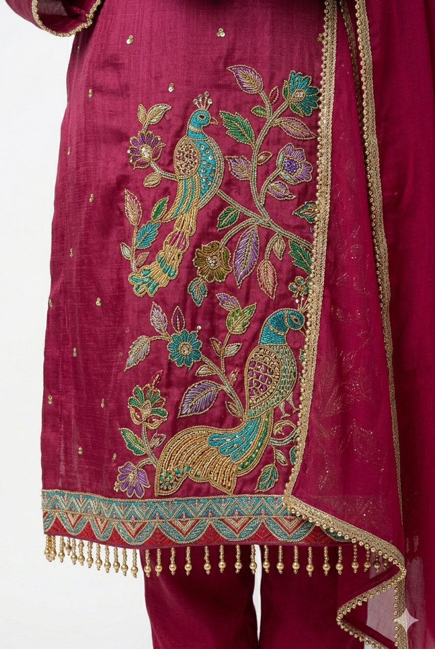 Elegant magenta kurta with pents intricate multicolor embroidery