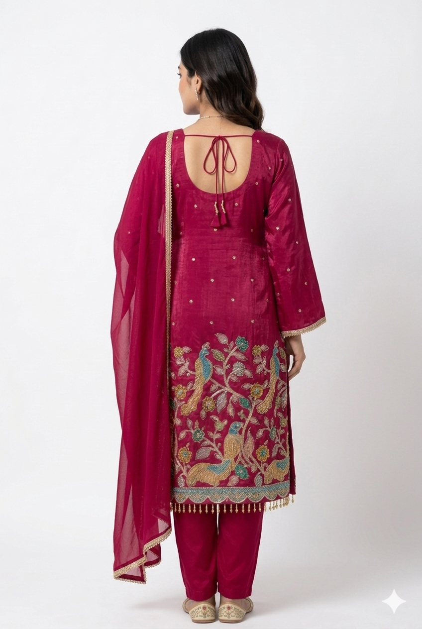 Elegant magenta kurta with pents intricate multicolor embroidery