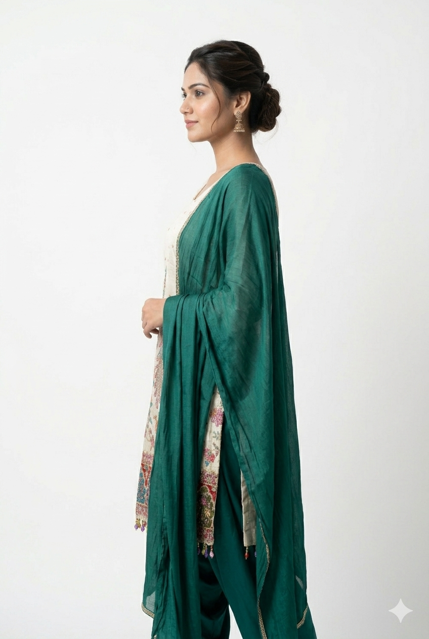Rich green palazzo offering comfort and contemporary style cream kurta set