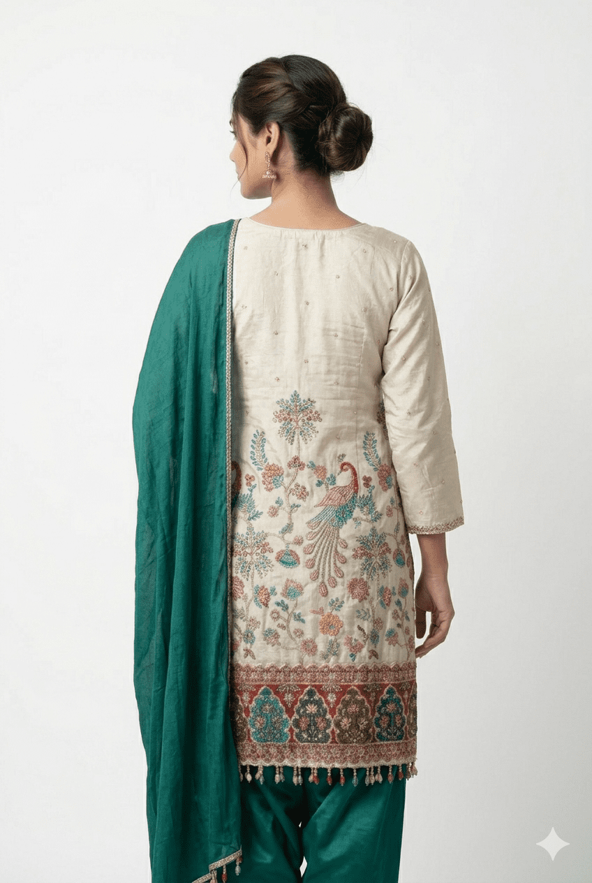 Rich green palazzo style cream kurta set