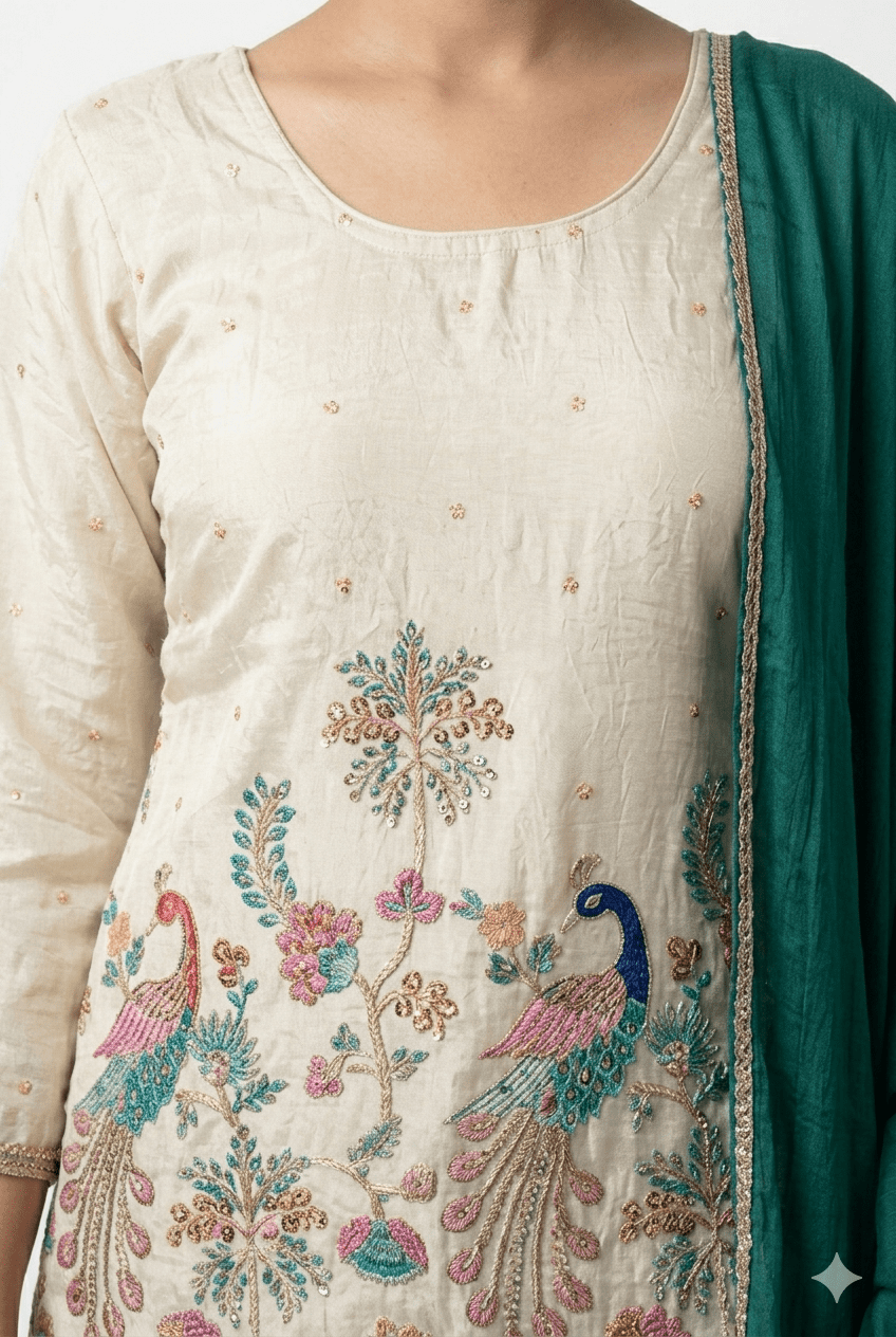 Rich green palazzo style cream kurta set