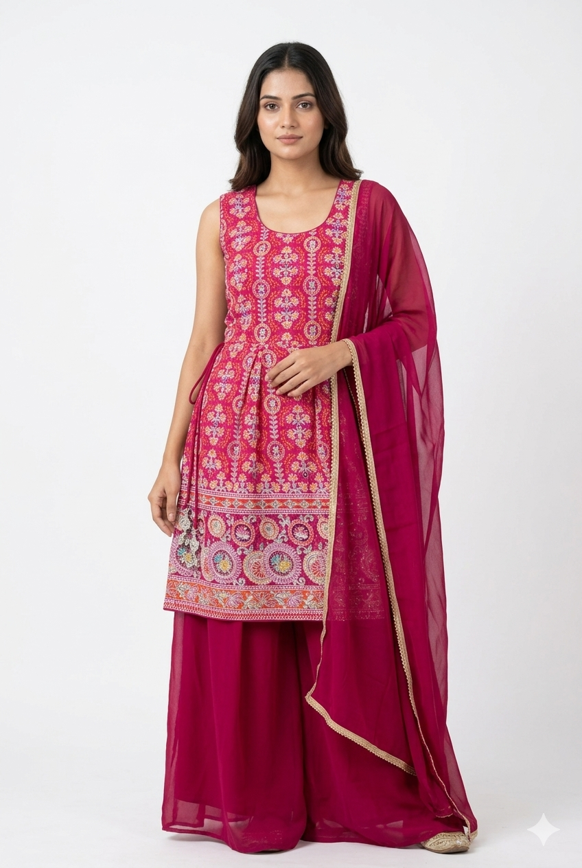 Vibrant Pink Embroidered Peplum palazzo Set with Dupatta