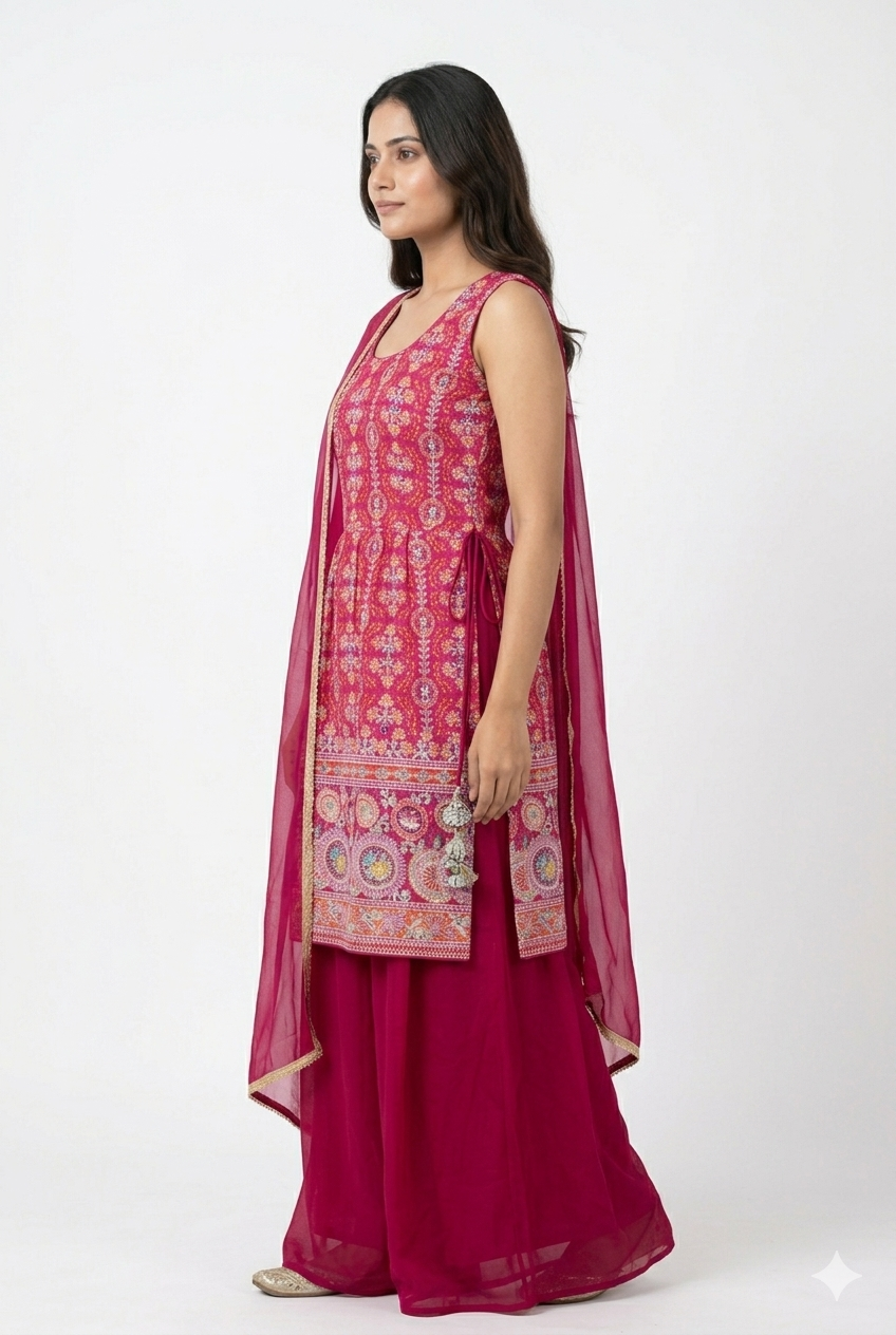 Vibrant Pink Embroidered Peplum palazzo Set with Dupatta