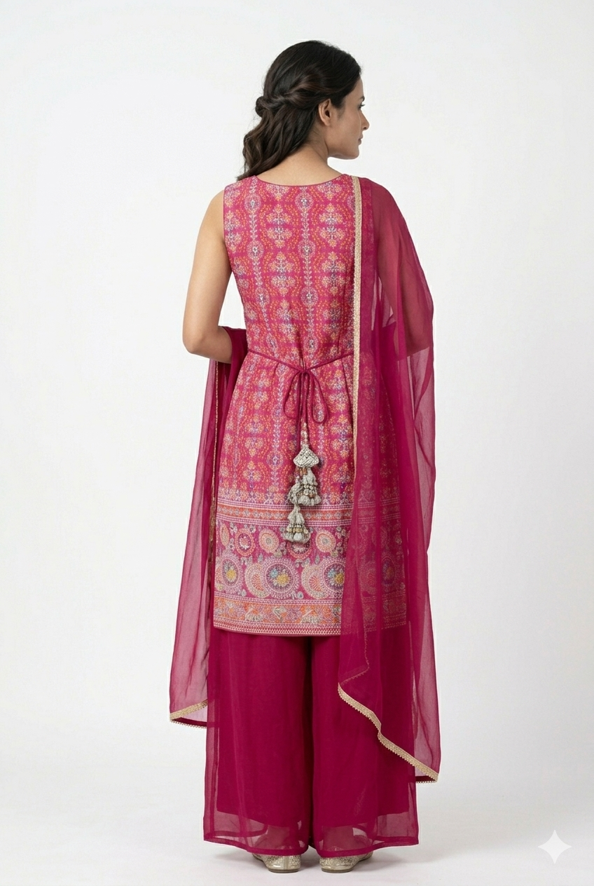 Vibrant Pink Embroidered Peplum palazzo Set with Dupatta