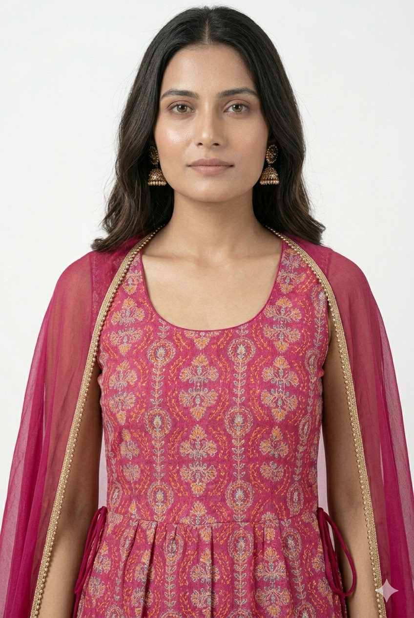 Vibrant Pink Embroidered Peplum palazzo Set with Dupatta