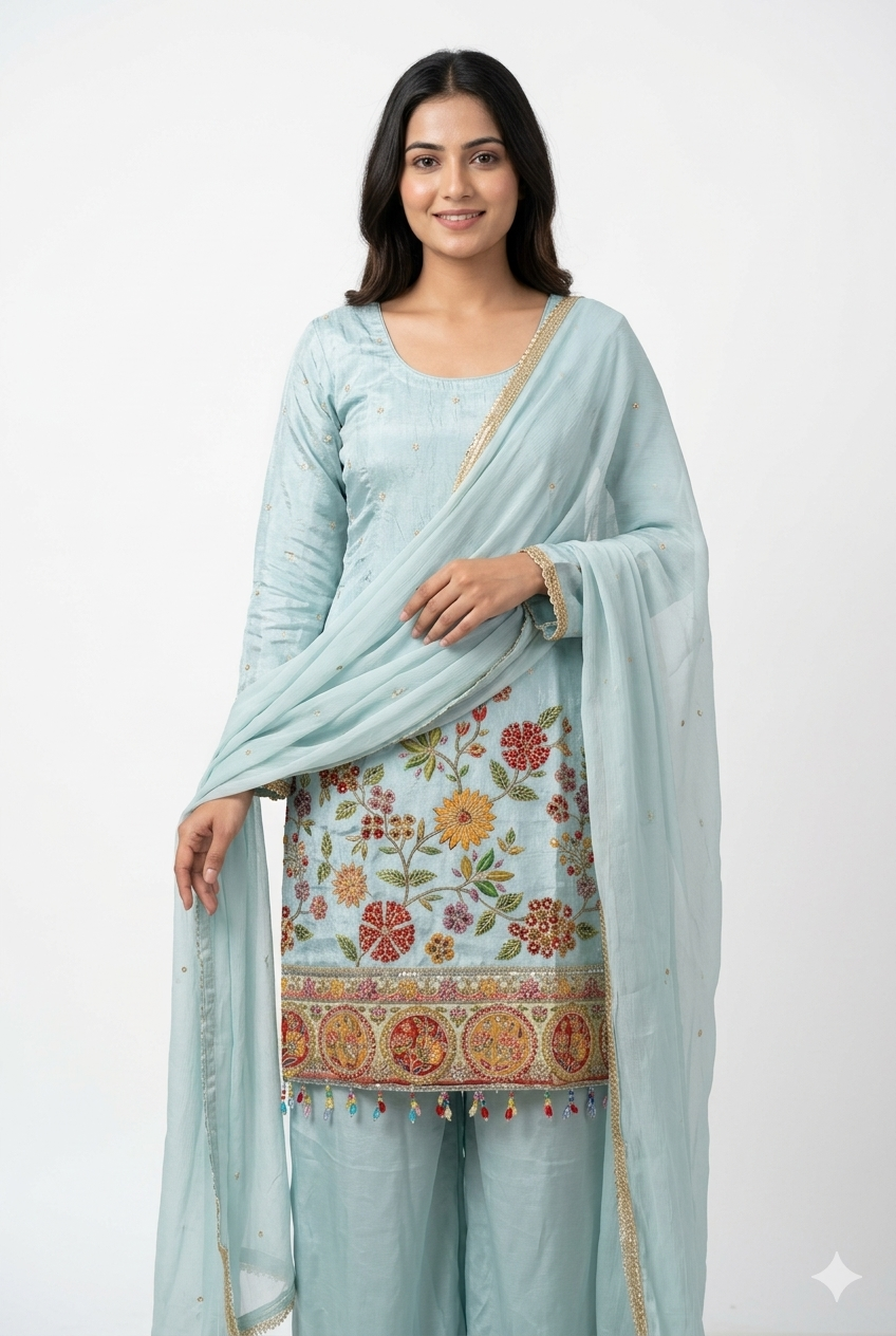Pastel Blue Embroidered Kurta Palazzo Set with Dupatta