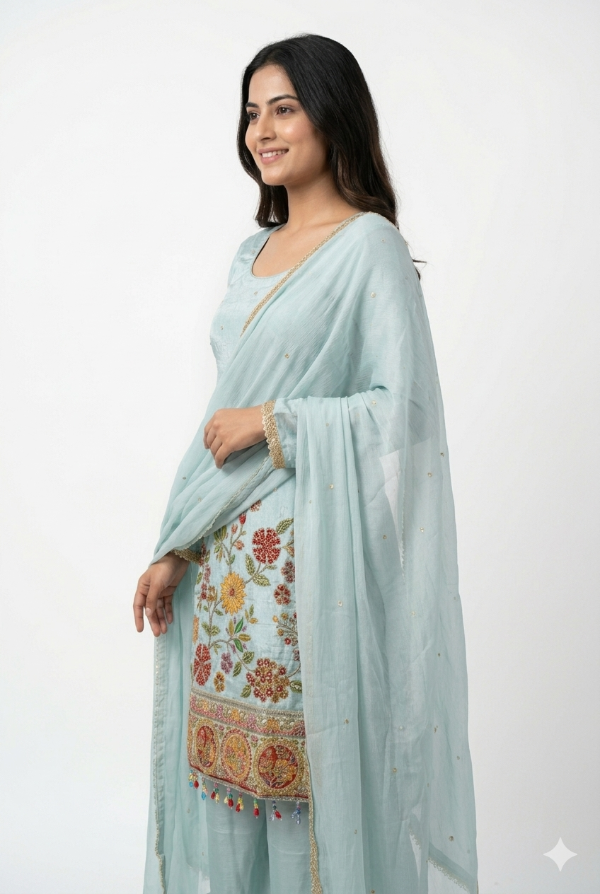 Pastel Blue Embroidered Kurta Palazzo Set with Dupatta