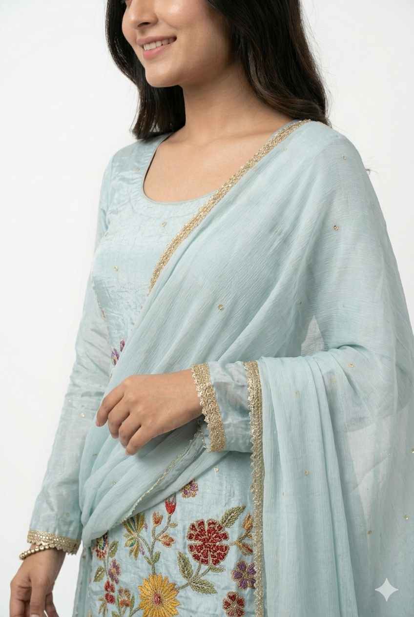 Pastel Blue Embroidered Kurta Palazzo Set with Dupatta