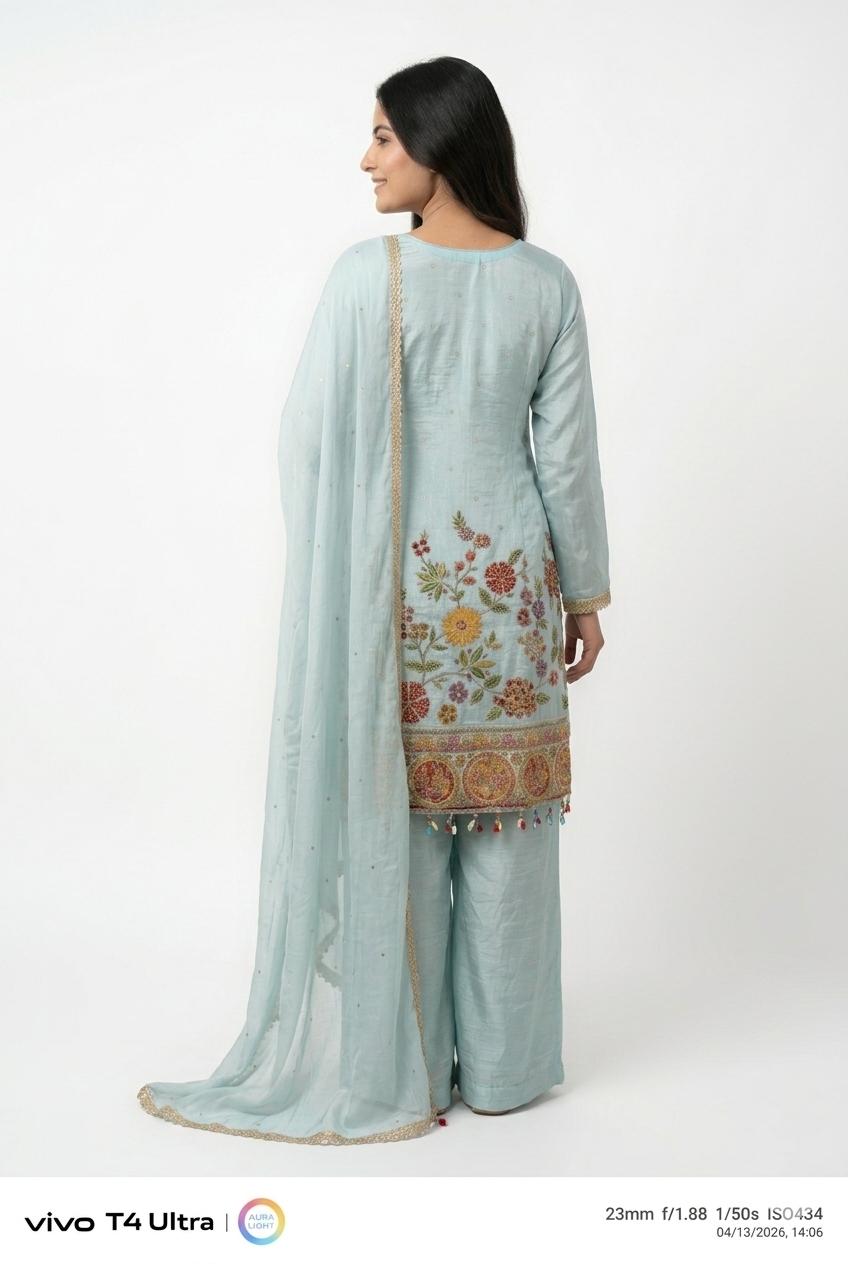 Pastel Blue Embroidered Kurta Palazzo Set with Dupatta