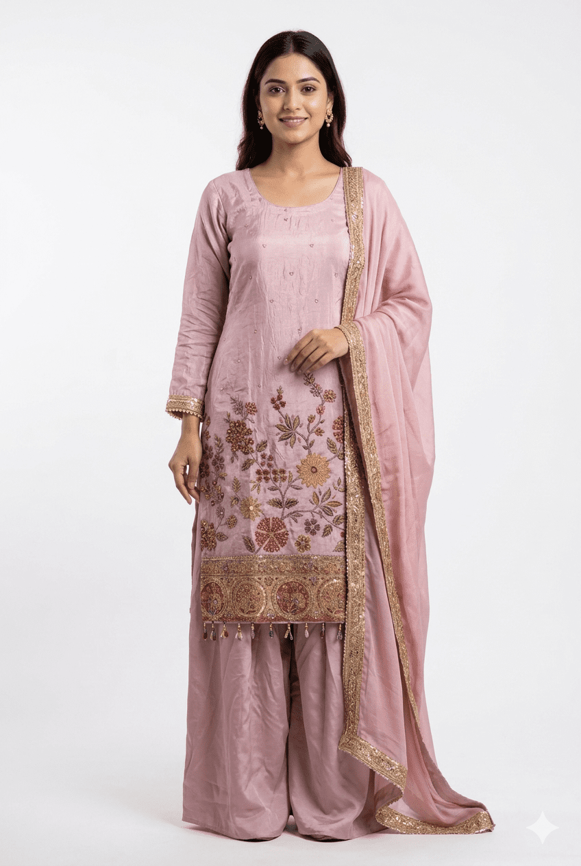 Dusty Pink Embroidered Kurta Palazzo Set with Dupatta