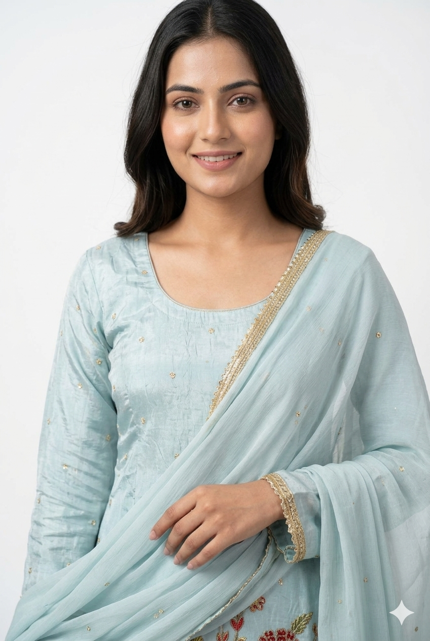 Pastel Blue Embroidered Kurta Palazzo Set with Dupatta
