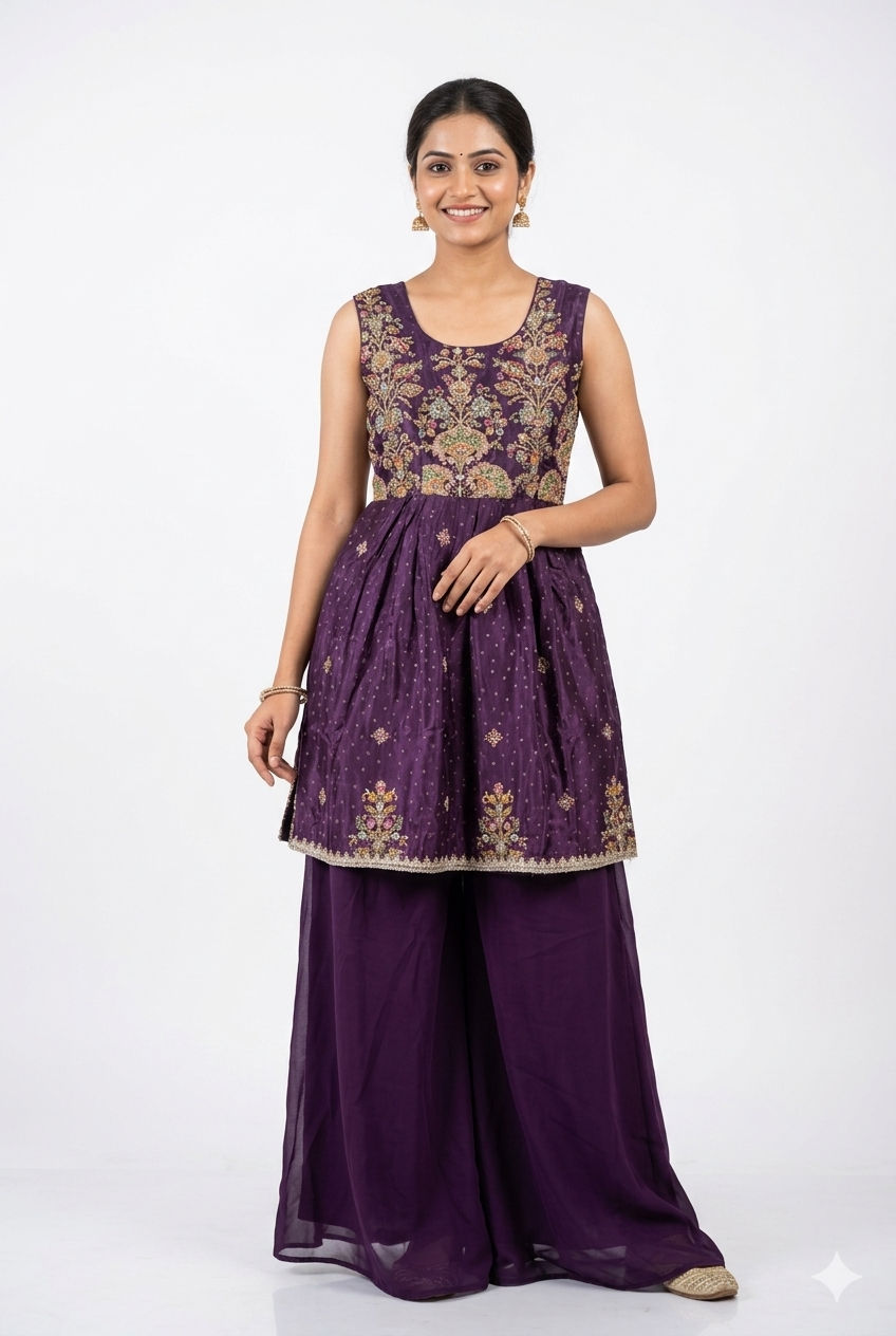 Purple Ethnic Peplum Palazzo Set