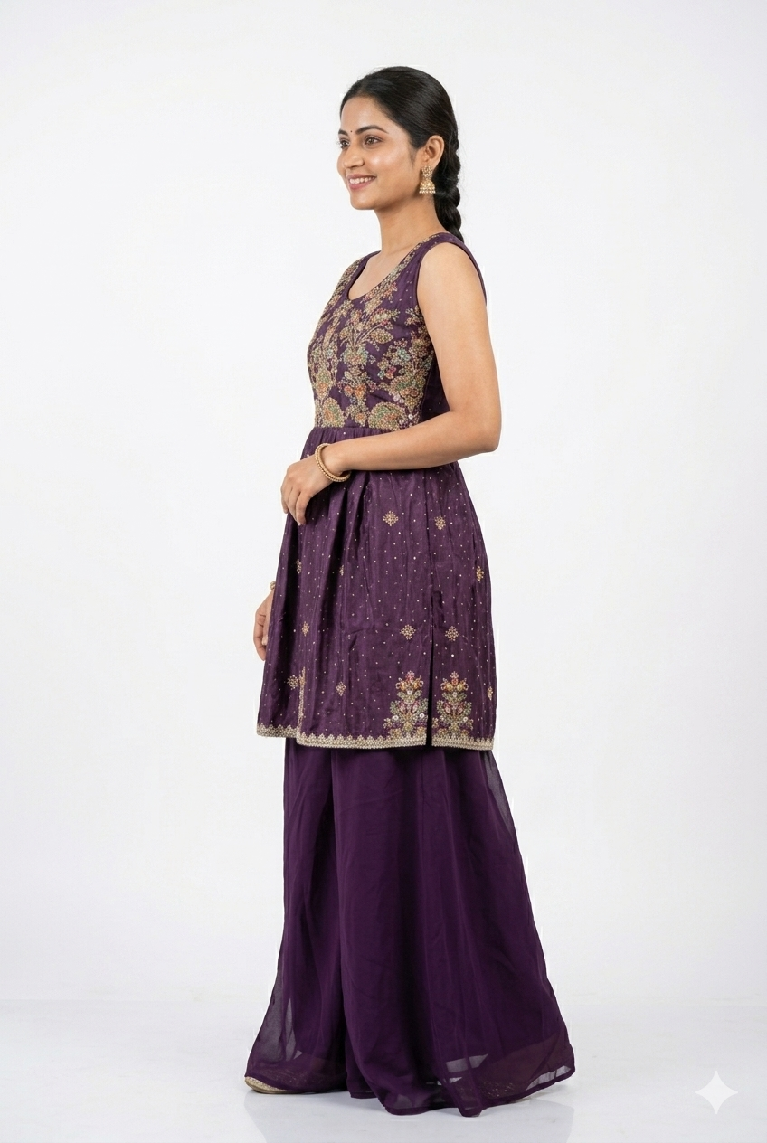 Purple Ethnic Peplum Palazzo Set