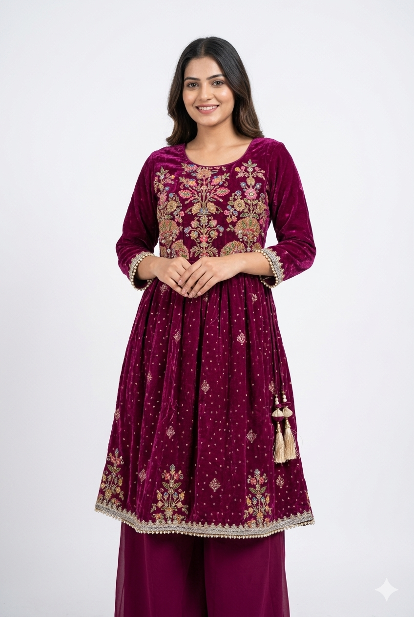 Purple Ethnic Peplum Palazzo Set