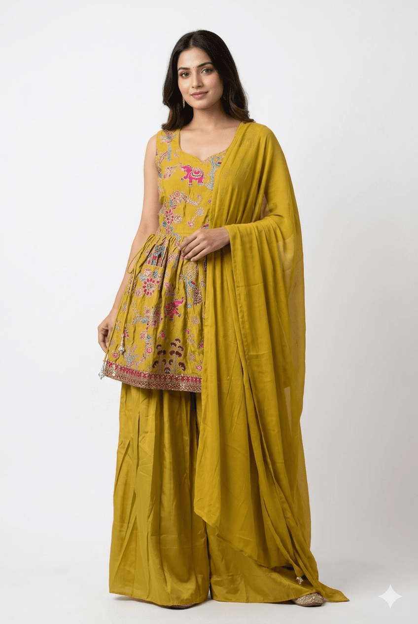 Yellow colour peplum plazzo dupatta